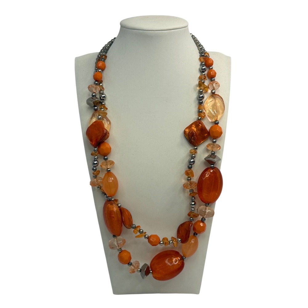 Orange Chunky Bib Double Strand Statement Necklace Silver Tone Beaded Boho Retro